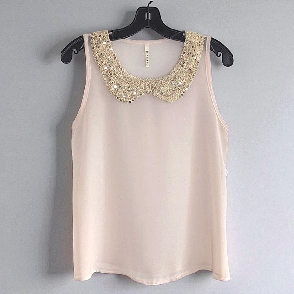 B. Jewel Vintage Sleeveless Sheer Top Crochet and Sequin Collar Cream Nude M